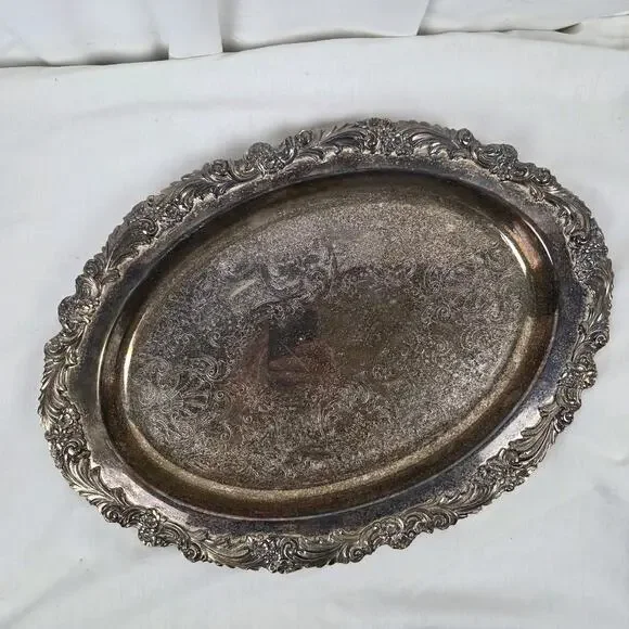 Vintage Reed & Barton Silverplate Serving Platter Burgundy Pattern S2315 Floral Serveware